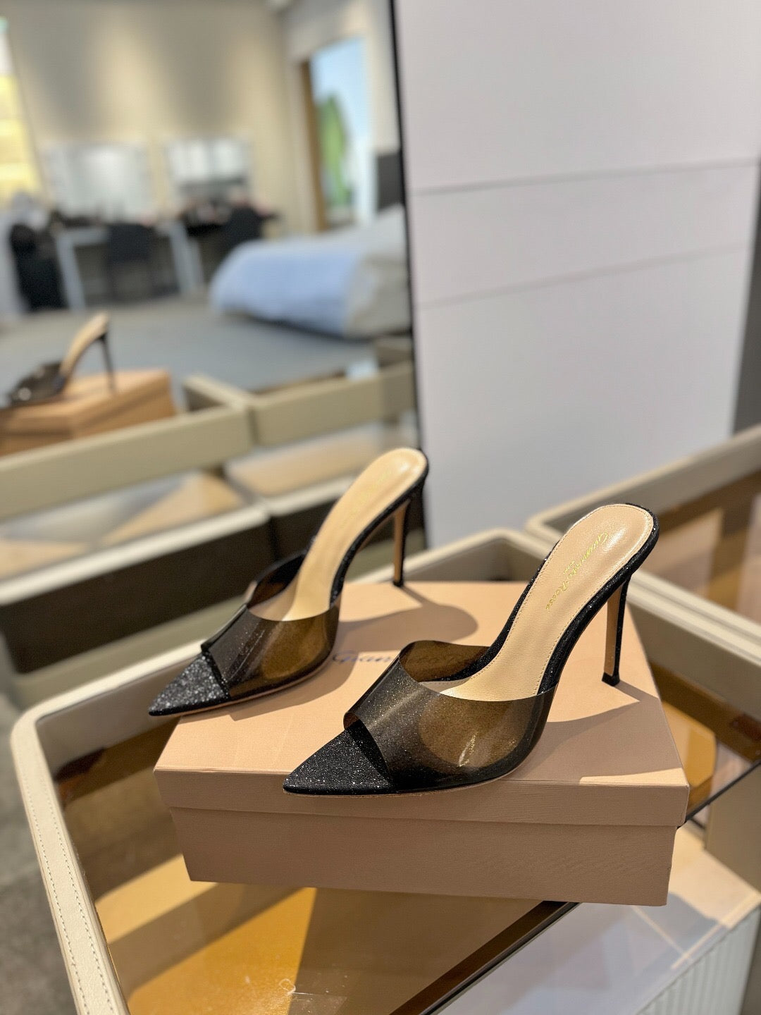 GIANVITO ROSSI 26S POINTED-TOE HIGH-HEEL SANDALS 105 MM IN BLACK GLITTER FABRIC