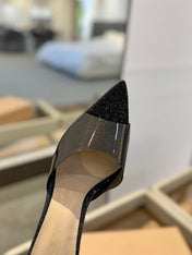 GIANVITO ROSSI 26S POINTED-TOE HIGH-HEEL SANDALS 105 MM IN BLACK GLITTER FABRIC