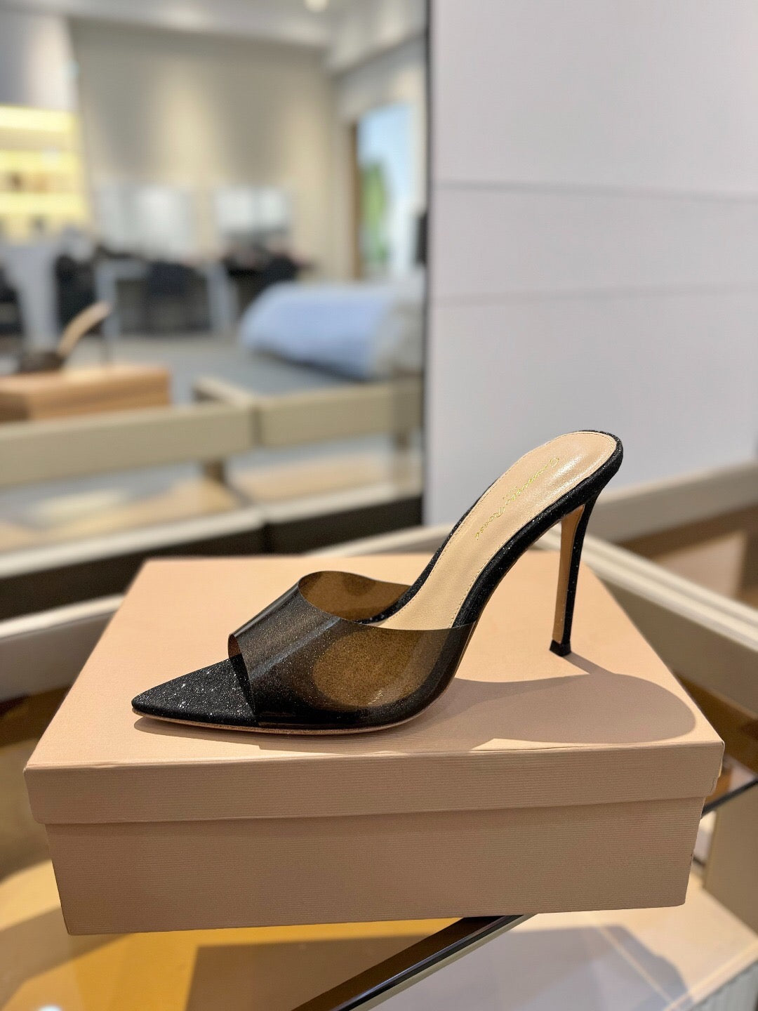 GIANVITO ROSSI 26S POINTED-TOE HIGH-HEEL SANDALS 105 MM IN BLACK GLITTER FABRIC