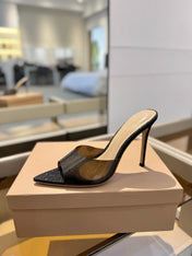 GIANVITO ROSSI 26S POINTED-TOE HIGH-HEEL SANDALS 105 MM IN BLACK GLITTER FABRIC