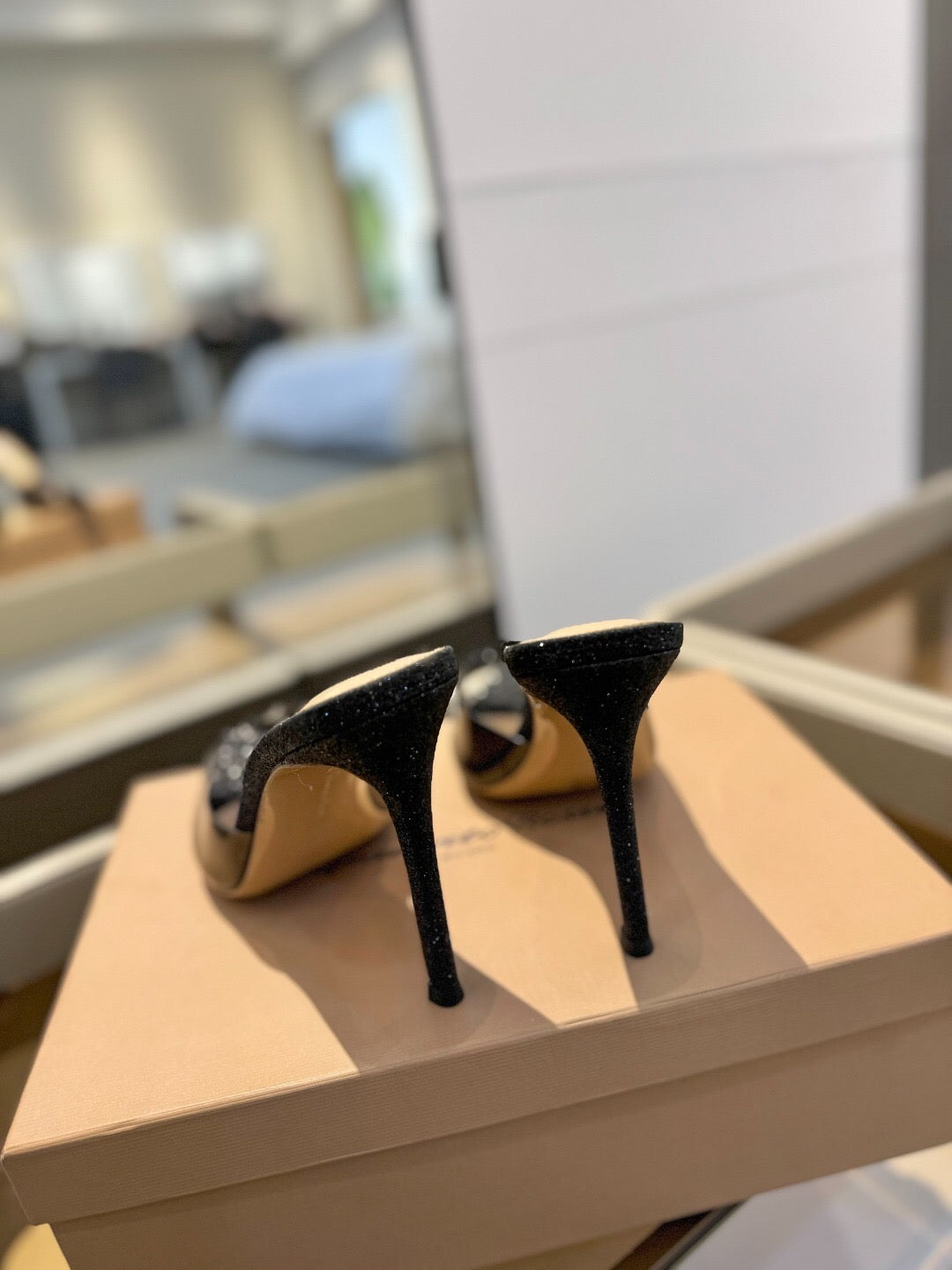 GIANVITO ROSSI 26S POINTED-TOE HIGH-HEEL SANDALS 105 MM IN BLACK GLITTER FABRIC