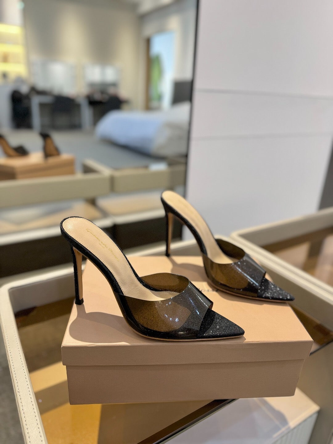 GIANVITO ROSSI 26S POINTED-TOE HIGH-HEEL SANDALS 105 MM IN BLACK GLITTER FABRIC