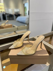 GIANVITO ROSSI 26S POINTED-TOE HIGH-HEEL SANDALS 105 MM IN CHAMPAGNE GOLD GLITTER FABRIC
