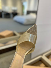 GIANVITO ROSSI 26S POINTED-TOE HIGH-HEEL SANDALS 105 MM IN CHAMPAGNE GOLD GLITTER FABRIC