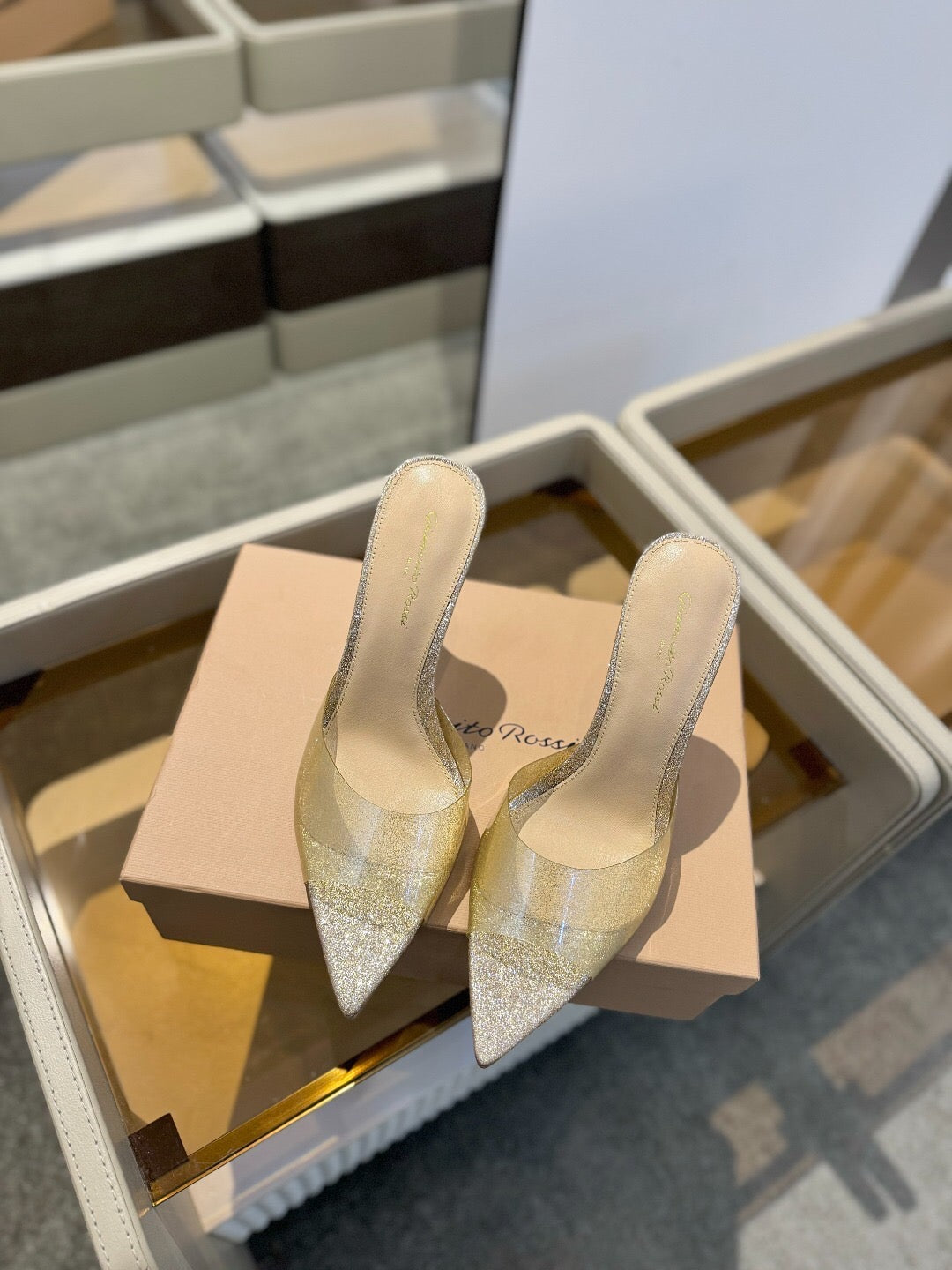 GIANVITO ROSSI 26S POINTED-TOE HIGH-HEEL SANDALS 105 MM IN CHAMPAGNE GOLD GLITTER FABRIC