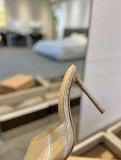 GIANVITO ROSSI 26S POINTED-TOE HIGH-HEEL SANDALS 105 MM IN CHAMPAGNE GOLD GLITTER FABRIC