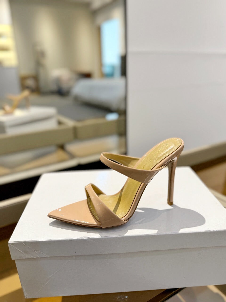GIANVITO ROSSI 26S POINTED-TOE HEELED SANDALS 105 MM IN NUDE PATENT CALFSKIN