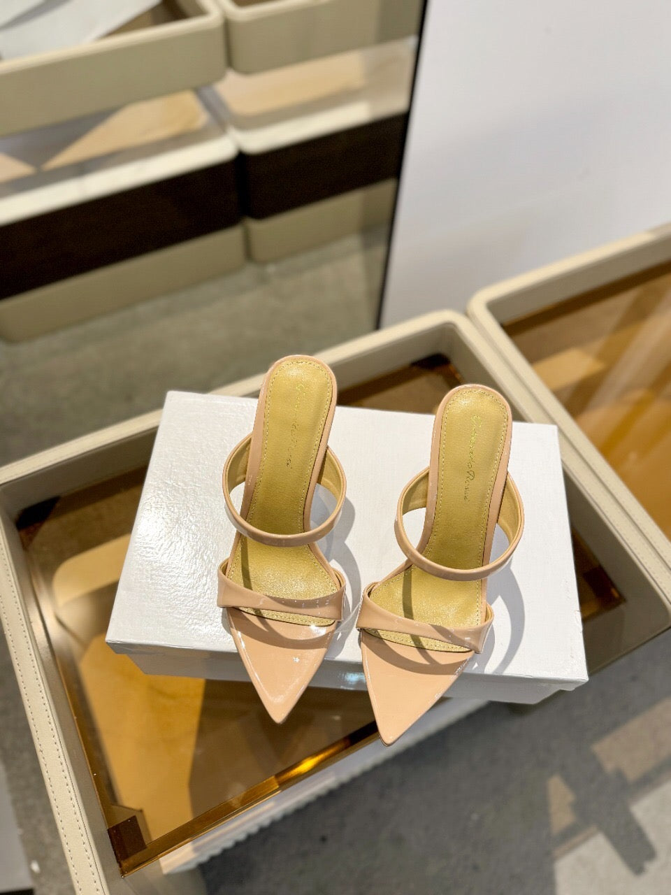 GIANVITO ROSSI 26S POINTED-TOE HEELED SANDALS 105 MM IN NUDE PATENT CALFSKIN
