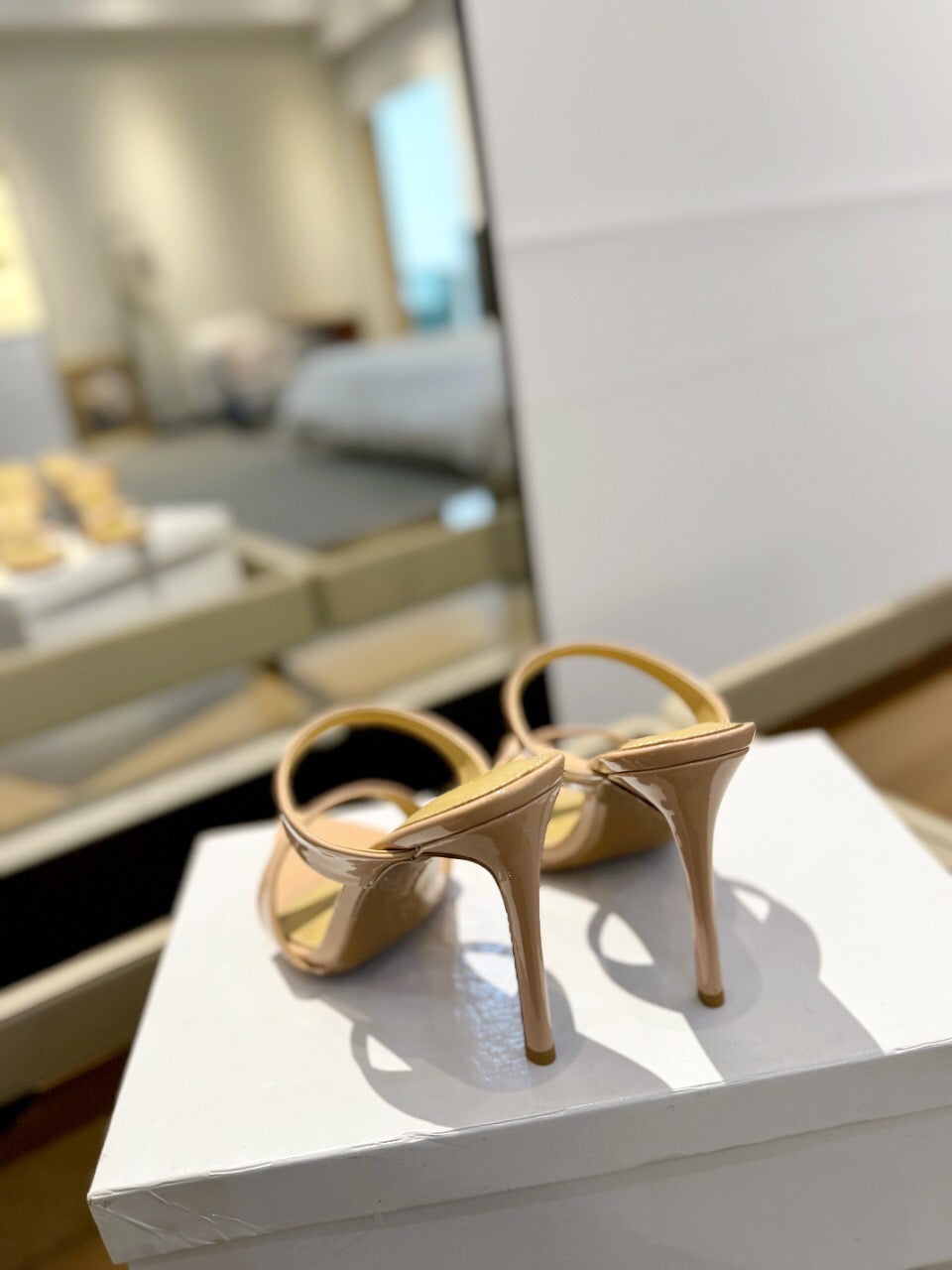 GIANVITO ROSSI 26S POINTED-TOE HEELED SANDALS 105 MM IN NUDE PATENT CALFSKIN