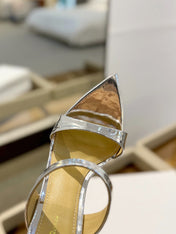 GIANVITO ROSSI 26S POINTED-TOE HEELED SANDALS 105 MM IN SILVER PATENT CALFSKIN