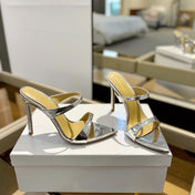 GIANVITO ROSSI 26S POINTED-TOE HEELED SANDALS 105 MM IN SILVER PATENT CALFSKIN