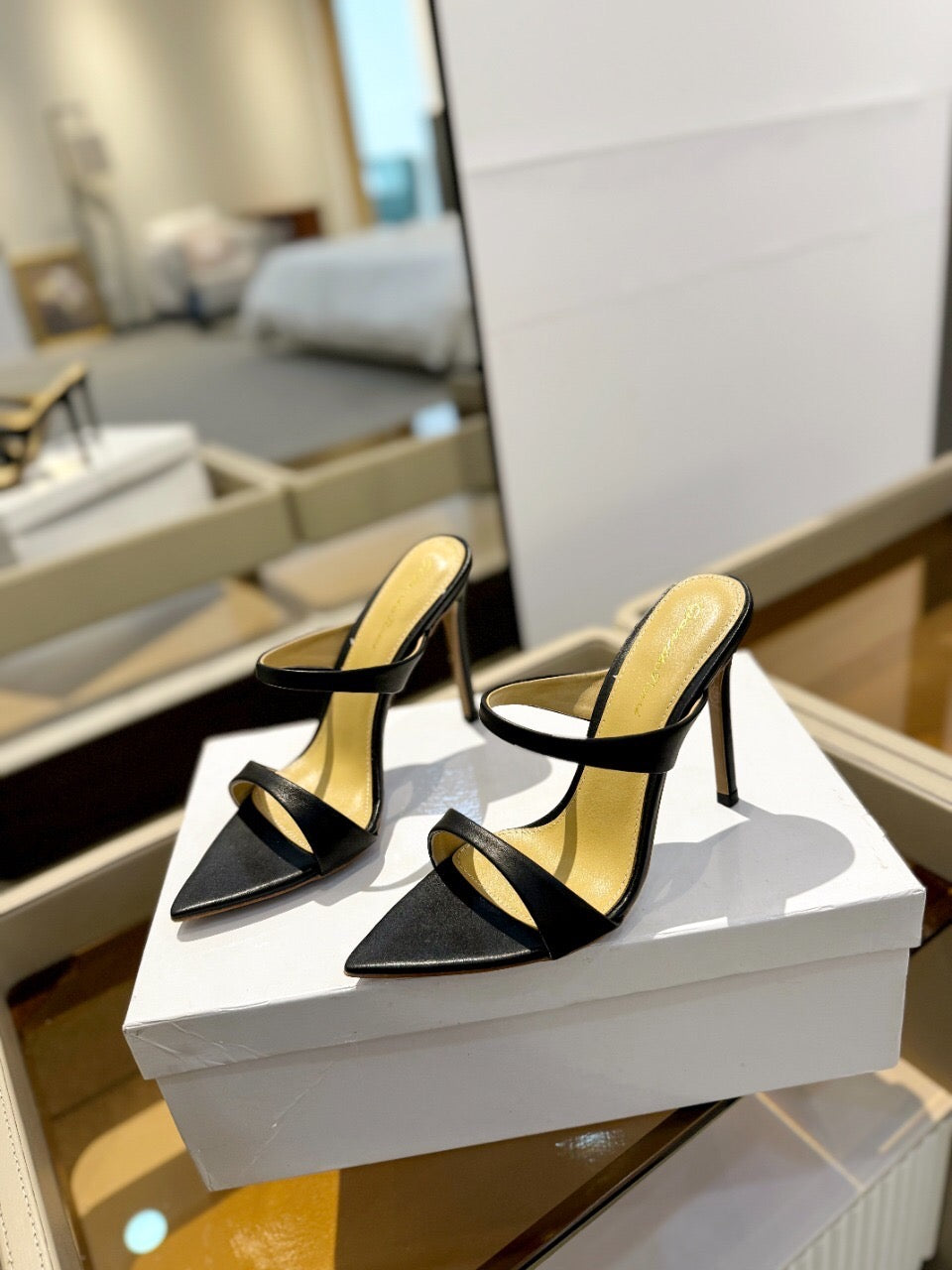 GIANVITO ROSSI 26S POINTED-TOE HEELED SANDALS 105 MM IN BLACK CALFSKIN
