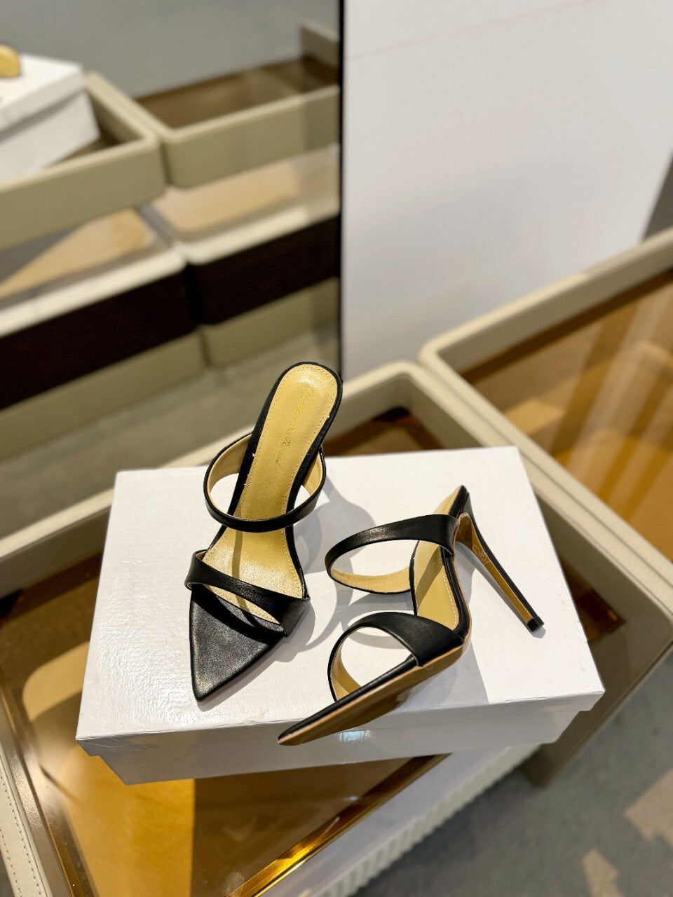 GIANVITO ROSSI 26S POINTED-TOE HEELED SANDALS 105 MM IN BLACK CALFSKIN