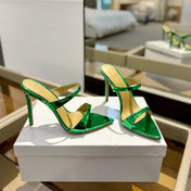 GIANVITO ROSSI 26S POINTED-TOE HEELED SANDALS 105 MM IN GREEN PATENT CALFSKIN