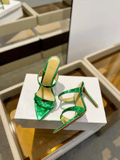 GIANVITO ROSSI 26S POINTED-TOE HEELED SANDALS 105 MM IN GREEN PATENT CALFSKIN