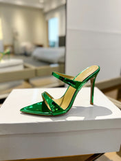 GIANVITO ROSSI 26S POINTED-TOE HEELED SANDALS 105 MM IN GREEN PATENT CALFSKIN