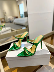 GIANVITO ROSSI 26S POINTED-TOE HEELED SANDALS 105 MM IN GREEN PATENT CALFSKIN