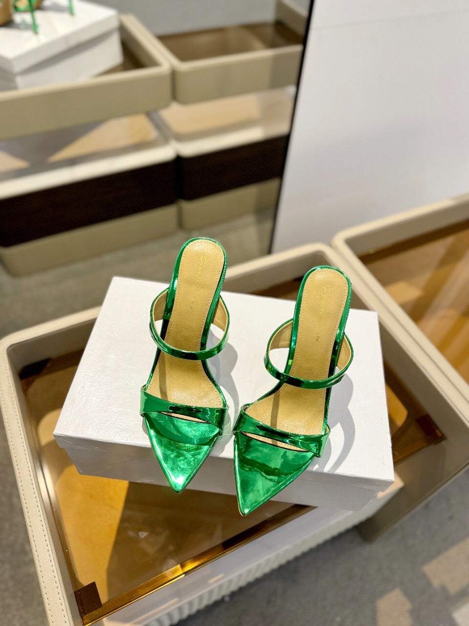 GIANVITO ROSSI 26S POINTED-TOE HEELED SANDALS 105 MM IN GREEN PATENT CALFSKIN