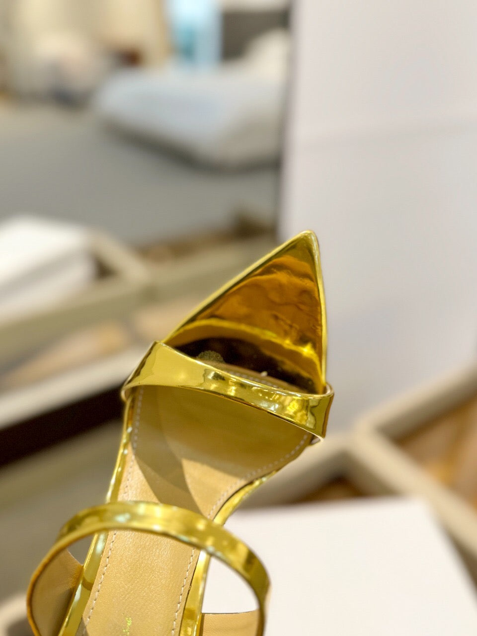 GIANVITO ROSSI 26S POINTED-TOE HEELED SANDALS 105 MM IN GOLD PATENT CALFSKIN