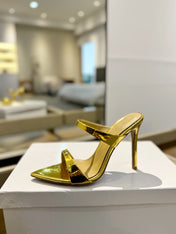 GIANVITO ROSSI 26S POINTED-TOE HEELED SANDALS 105 MM IN GOLD PATENT CALFSKIN