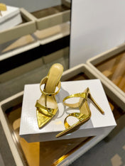 GIANVITO ROSSI 26S POINTED-TOE HEELED SANDALS 105 MM IN GOLD PATENT CALFSKIN