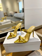 GIANVITO ROSSI 26S POINTED-TOE HEELED SANDALS 105 MM IN GOLD PATENT CALFSKIN