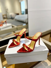 GIANVITO ROSSI 26S POINTED-TOE HEELED SANDALS 105 MM IN DARK RED PATENT CALFSKIN