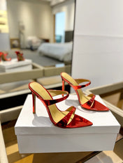 GIANVITO ROSSI 26S POINTED-TOE HEELED SANDALS 105 MM IN DARK RED PATENT CALFSKIN