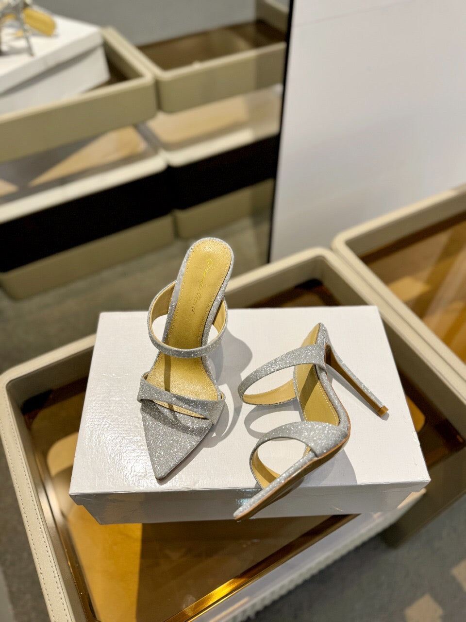GIANVITO ROSSI 26S HEELED SANDALS 105 MM IN SILVER GLITTER