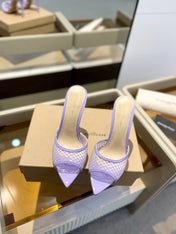 GIANVITO ROSSI 26S HEELED SANDALS 105 MM IN LIGHT PURPLE MESH FABRIC AND CALFSKIN