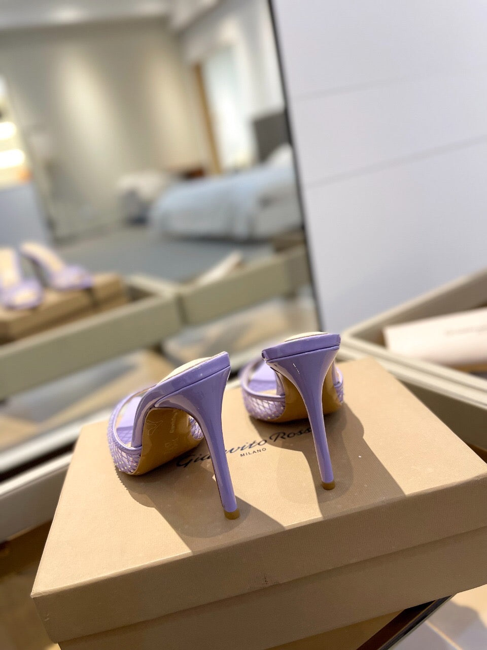 GIANVITO ROSSI 26S HEELED SANDALS 105 MM IN LIGHT PURPLE MESH FABRIC AND CALFSKIN