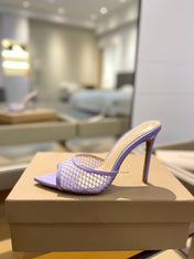 GIANVITO ROSSI 26S HEELED SANDALS 105 MM IN LIGHT PURPLE MESH FABRIC AND CALFSKIN