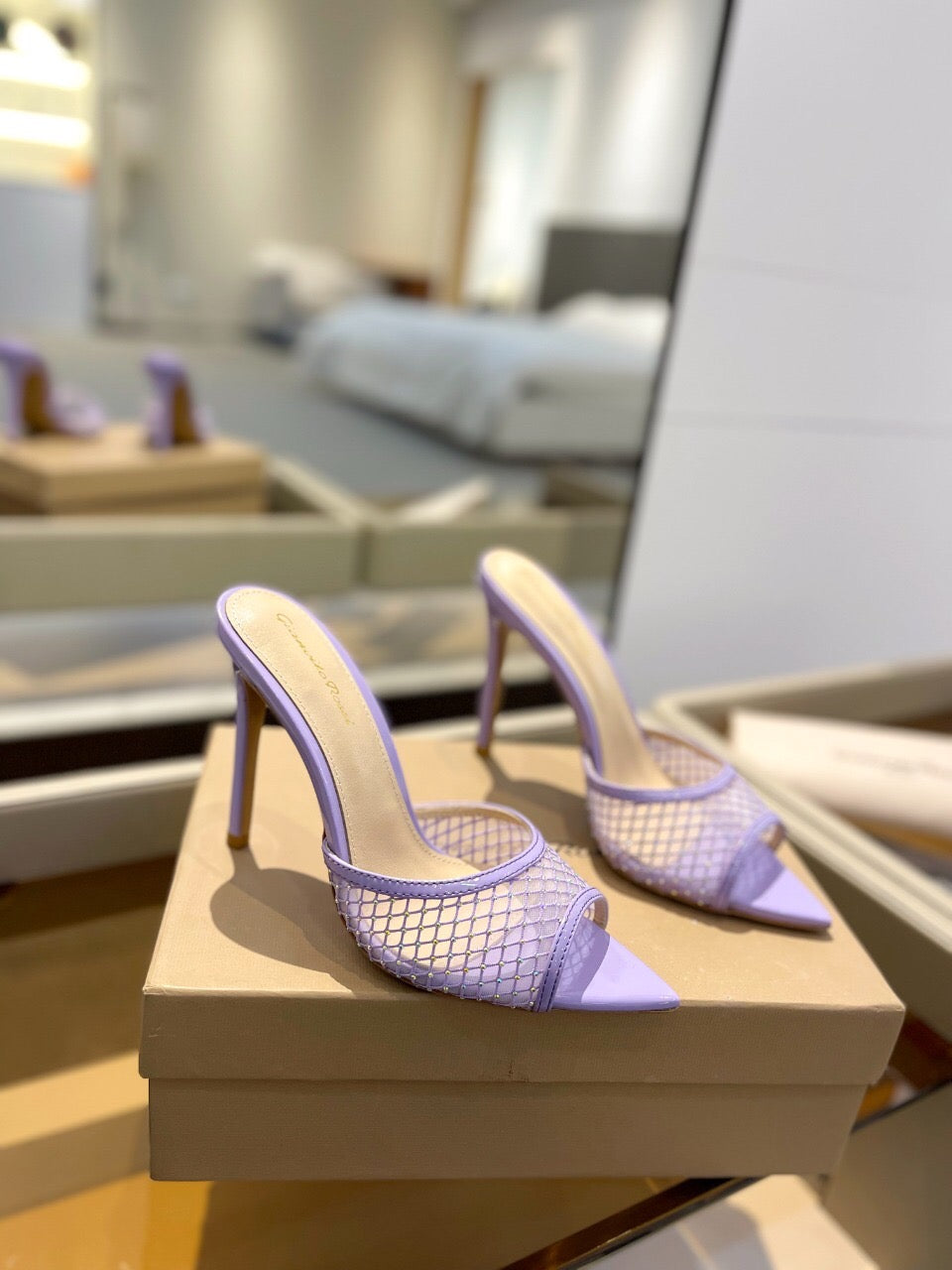 GIANVITO ROSSI 26S HEELED SANDALS 105 MM IN LIGHT PURPLE MESH FABRIC AND CALFSKIN