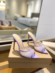 GIANVITO ROSSI 26S HEELED SANDALS 105 MM IN LIGHT PURPLE MESH FABRIC AND CALFSKIN