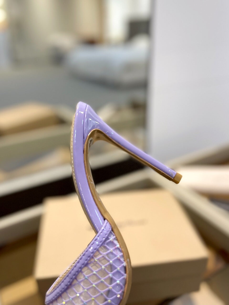 GIANVITO ROSSI 26S HEELED SANDALS 105 MM IN LIGHT PURPLE MESH FABRIC AND CALFSKIN