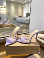 GIANVITO ROSSI 26S HEELED SANDALS 105 MM IN LIGHT PURPLE MESH FABRIC AND CALFSKIN