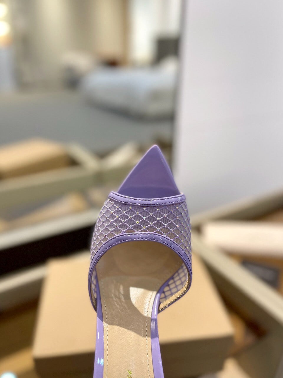 GIANVITO ROSSI 26S HEELED SANDALS 105 MM IN LIGHT PURPLE MESH FABRIC AND CALFSKIN