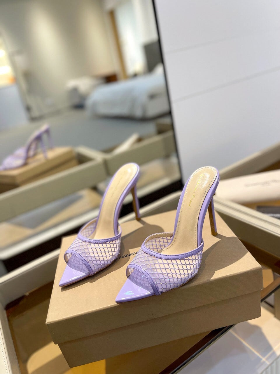 GIANVITO ROSSI 26S HEELED SANDALS 105 MM IN LIGHT PURPLE MESH FABRIC AND CALFSKIN