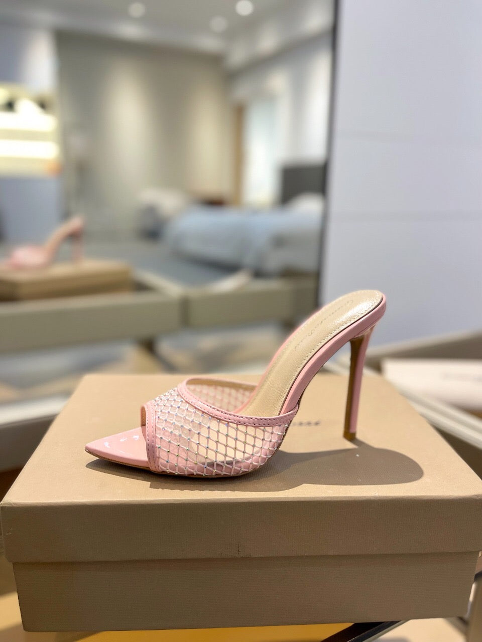 GIANVITO ROSSI 26S HEELED SANDALS 105 MM IN LIGHT PINK MESH FABRIC AND CALFSKIN