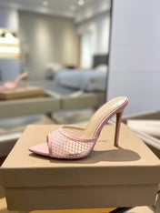 GIANVITO ROSSI 26S HEELED SANDALS 105 MM IN LIGHT PINK MESH FABRIC AND CALFSKIN