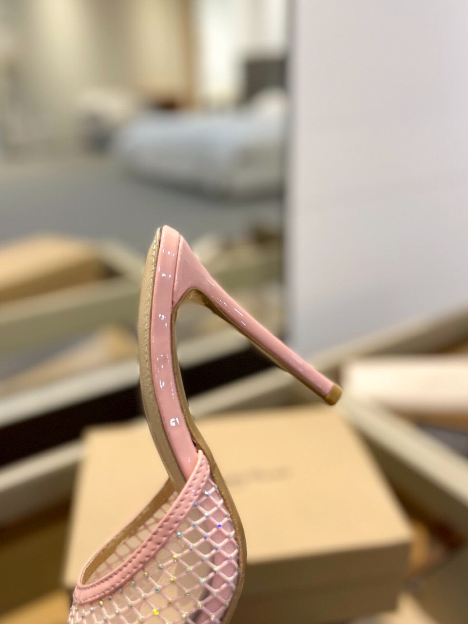 GIANVITO ROSSI 26S HEELED SANDALS 105 MM IN LIGHT PINK MESH FABRIC AND CALFSKIN