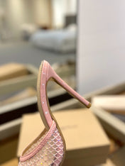 GIANVITO ROSSI 26S HEELED SANDALS 105 MM IN LIGHT PINK MESH FABRIC AND CALFSKIN