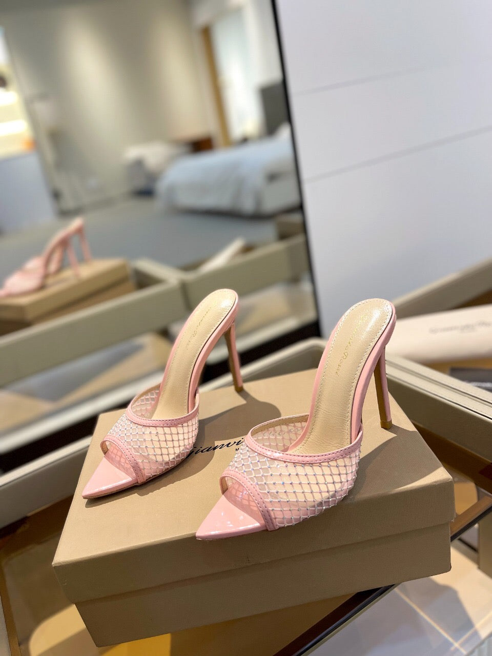 GIANVITO ROSSI 26S HEELED SANDALS 105 MM IN LIGHT PINK MESH FABRIC AND CALFSKIN