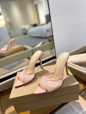GIANVITO ROSSI 26S HEELED SANDALS 105 MM IN LIGHT PINK MESH FABRIC AND CALFSKIN