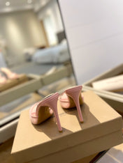 GIANVITO ROSSI 26S HEELED SANDALS 105 MM IN LIGHT PINK MESH FABRIC AND CALFSKIN