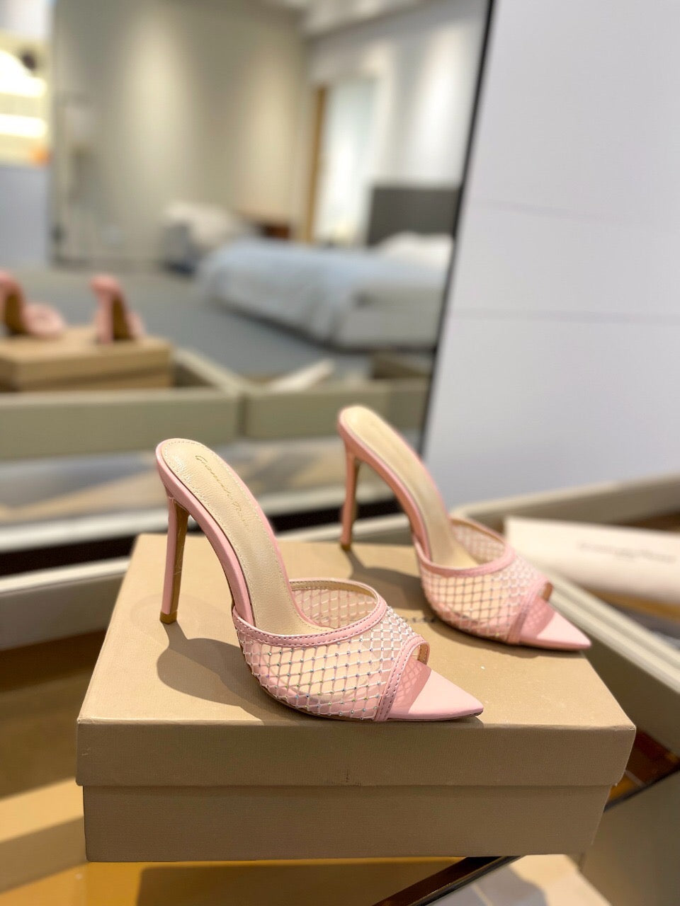 GIANVITO ROSSI 26S HEELED SANDALS 105 MM IN LIGHT PINK MESH FABRIC AND CALFSKIN
