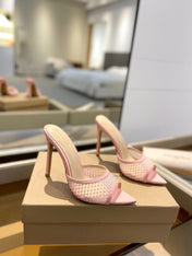 GIANVITO ROSSI 26S HEELED SANDALS 105 MM IN LIGHT PINK MESH FABRIC AND CALFSKIN