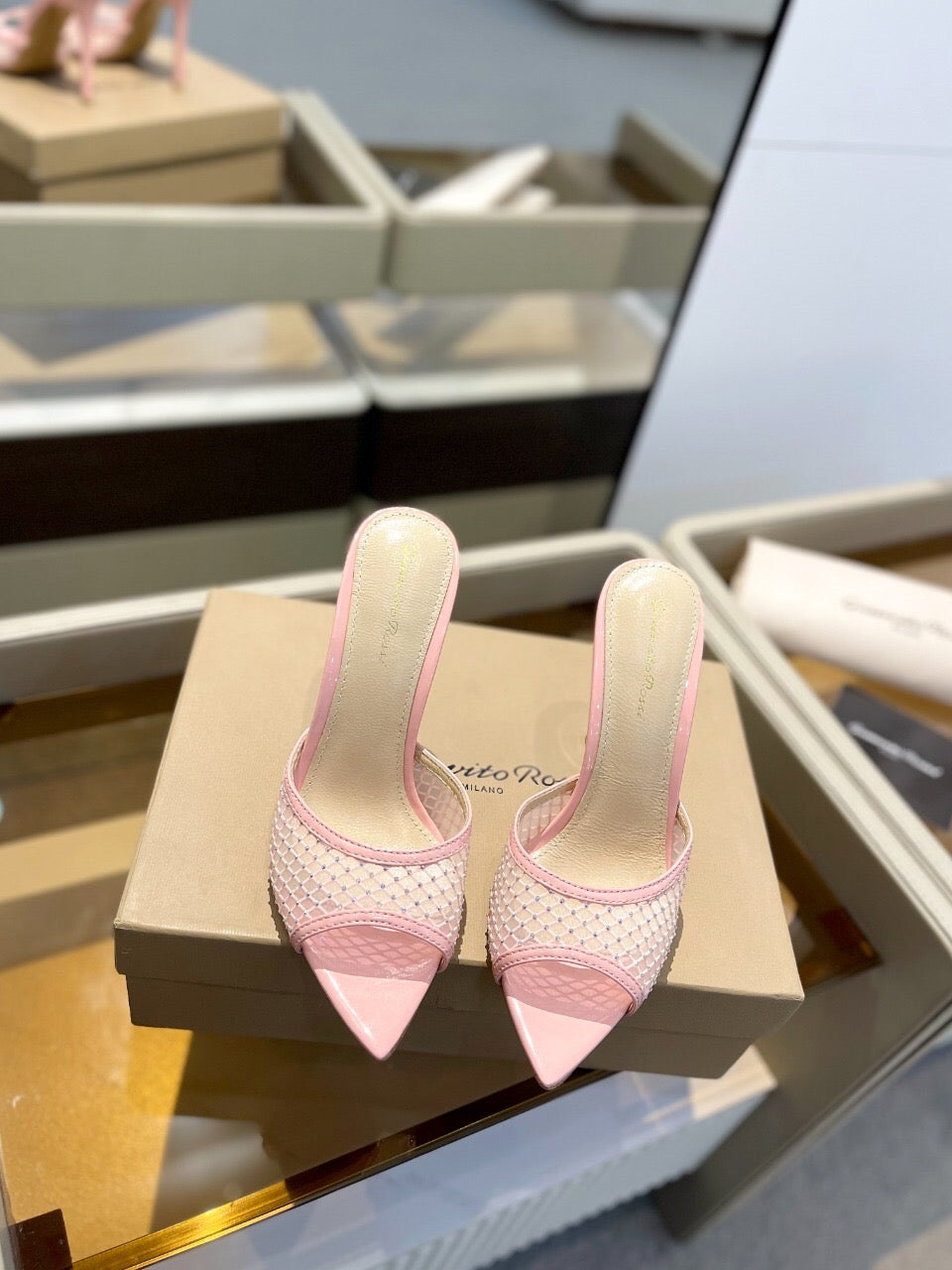 GIANVITO ROSSI 26S HEELED SANDALS 105 MM IN LIGHT PINK MESH FABRIC AND CALFSKIN