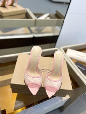 GIANVITO ROSSI 26S HEELED SANDALS 105 MM IN LIGHT PINK MESH FABRIC AND CALFSKIN
