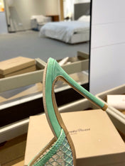 GIANVITO ROSSI 26S HEELED SANDALS 105 MM IN MINT GREEN MESH FABRIC AND CALFSKIN
